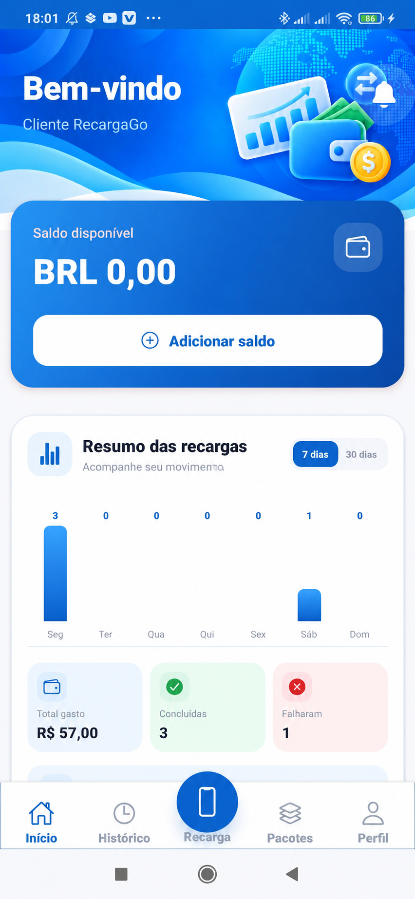 Demonstração do RecargaGo com o nome fictício Cliente RecargaGo